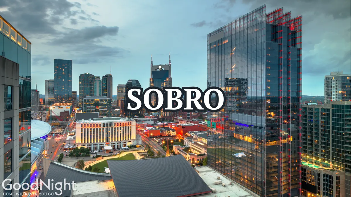 A panoramic view of Nashville’s city skyline at dusk, with the river and illuminated buildings creating a vibrant urban scene. The image evokes a sense of exploration and the allure of late-night adventures, hinting at rooftop gatherings and citywide experiences.