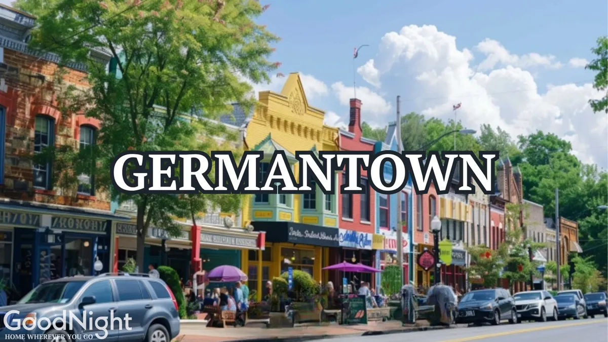 Bustling city street in The Gulch with colorful storefronts, people walking along tree-lined sidewalks, and umbrellas overhead. The scene exudes vibrancy and urban energy, highlighting the area's unique character and appeal.