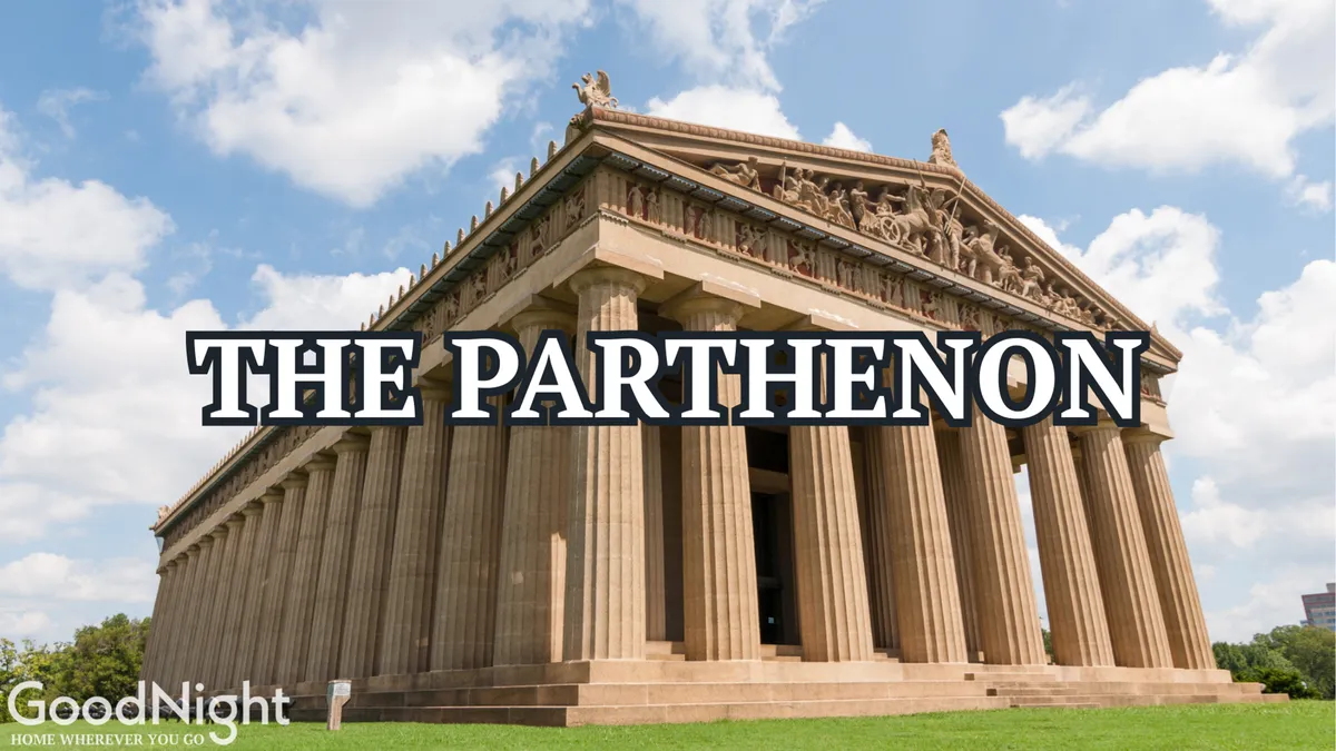 This image shows the iconic Parthenon structure in Centennial Park, with architectural details and classical columns set against an open sky. The scene captures a sense of place and local culture.